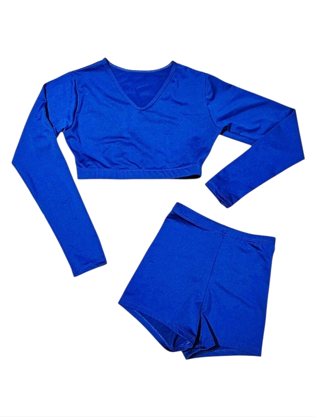Varsity Spirit Cheer Dance Royal Blue Long Sleeve V Neck Crop Top & Dance Shorts